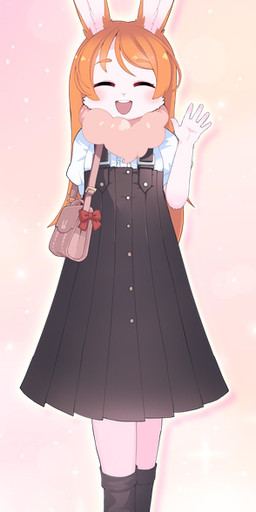 abstract_background adolescent anthro bag biped bottomwear bow_ribbon clothed clothing dewlap_(anatomy) eyes_closed female footwear fur gesture hair long_skirt orange_hair pink_background shirt shoes simple_background skirt smile socks solo suspender_skirt topwear waving waving_at_viewer waving_hand white_body white_fur young dangan two_beasts_or_not_to_beast kasumi_yumeura lagomorph leporid mammal rabbit official_art