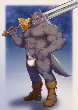 5_fingers anthro areola black_sclera bulge claws fingers holding_melee_weapon holding_object holding_sword holding_weapon inner_ear_fluff male melee_weapon muscular muscular_anthro muscular_male nipples purple_eyes scar solo sword tail tuft weapon orcakunart elden_ring fromsoftware blaidd_(elden_ring) canid canine canis mammal wolf absurd_res hi_res