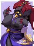 anthro areola asian_clothing bell big_breasts black_areola black_body black_fur black_nipples breasts claws clothed clothing east_asian_clothing female female_anthro fur grey_body grey_fur hair holowear_(pokemon) huge_breasts japanese_clothing kemono neck_tuft nipple_dip nipples purple_clothing red_claws red_hair solo tongue tongue_out tuft yukata taphris nintendo pokemon pokemon_unite ghost_style_zoroark zoroark_(vanessa) canid canine generation_5_pokemon mammal pokemon_(species) zoroark hi_res