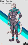 5_fingers abs anthro athletic athletic_anthro athletic_male clothed clothed_anthro clothed_male clothing fingers humanoid_hands jumpsuit male racing_suit scales standing tail text white_body white_scales mewpan accelerated_racing_league nyx_mortar_(ara) lizard reptile scalie character_name english_text hi_res