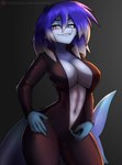 anthro anthrofied bodysuit clothing female gradient_background hair looking_at_viewer multicolored_hair patreon_logo patreon_username simple_background skinsuit solo tight_clothing undressing zipper zipper_down xaenyth patreon fish marine shark 2023 absurd_res hi_res