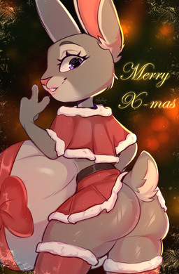 after_vore anthro belly belt big_belly blurred_background bottomwear bow_ribbon butt christmas_clothing christmas_stocking clothing eyelashes female fur grey_body grey_fur holidays huge_belly lips long_eyelashes looking_back presenting presenting_hindquarters purple_eyes rear_view short_tail skirt solo tail text thick_thighs vore milkywayos christmas disney zootopia judy_hopps lagomorph leporid mammal rabbit 2025 english_text
