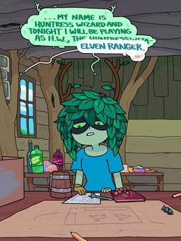 antlers bag book bottle bowl clothed clothing container cup dialogue dice female food furniture gloves green_body green_skin handwear horn humor leaf leaf_hair mask mug not_furry paper pencil plant plant_hair pseudo_hair shirt sitting solo speech_bubble t-shirt table text toony topwear tree wearing_mask window discount-supervillain adventure_time cartoon_network dungeons_and_dragons hasbro wizards_of_the_coast finn_the_human huntress_wizard elemental_creature elemental_humanoid flora_fauna humanoid mammal plant_humanoid 3:4 digital_media_(artwork) english_text