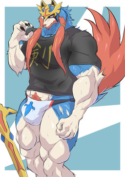 abs anthro armor biceps big_bulge bodily_fluids body_hair bulge claws clothing fangs forearm_muscles logo_on_clothing male melee_weapon muscular muscular_anthro muscular_male pecs pubes shirt simple_background solo sweat sword t-shirt tail teeth text text_on_clothing topwear underwear vein veiny_muscles weapon geryorias nintendo pokemon canid canine canis crowned_sword_zacian generation_8_pokemon legendary_pokemon mammal pokemon_(species) wolf zacian absurd_res hi_res