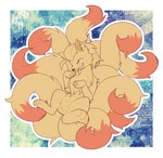 4_fingers 4_toes ambiguous_gender black_nose chest_tuft clenched_teeth extyrannomon_(artist) eyes_closed featureless_crotch feet feral fingers fur generation_1_pokemon grin hi_res ninetales nintendo orange_body orange_fur pokemon pokemon_(species) simple_background smile solo teeth toes tuft