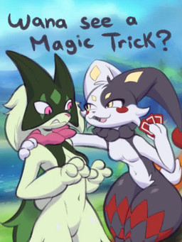 anthro big_breasts breasts card clothing duo female fur green_body green_fur hat headgear headwear magic multicolored_body open_mouth smile tail thick_thighs top_hat tuft wide_hips smoothymilk nintendo palworld pocketpair pokemon dupin_(pal) felid feline generation_9_pokemon mammal meowscarada pal_(species) pokemon_(species) animated short_playtime video