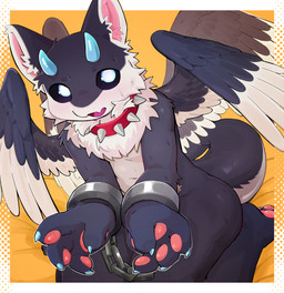 2_horns anthro bedding bedding_background biped black_body black_fur black_sclera blue_horn bodily_fluids bound cheek_tuft claws countershading cuff_(restraint) dutch_angle facial_tuft feathered_wings feathers flesh_fang fur fur_tuft handpaw high-angle_view horn kneeling looking_at_viewer male male_anthro mostly_nude mostly_nude_anthro mostly_nude_male multi_wing multicolored_body multicolored_fur neck_tuft open_mouth paws restraints seiza shackled shackled_wrists shackles simple_background sitting slim slim_anthro slim_male solo spikes sweat tail tapering_tail tuft two_tone_body two_tone_fur white_body white_countershading white_fur wings yellow_background uro0000 mythology liu_(chambanfurry) dragon furred_dragon furred_scalie mythological_creature mythological_scalie scalie winged_dragon 2026 absurd_res digital_drawing_(artwork) digital_media_(artwork) hi_res shaded soft_shading