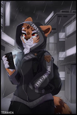 4_fingers anthro backpack biped black_bars building cellphone city claws clothed clothing detailed_background ear_piercing electronics eyelashes female fingers fully_clothed hand_in_pocket holding_object holding_phone hoodie phone piercing pockets raining red_eyes solo stripes topwear yellow_sclera conditional_dnp teranen dreamworks kung_fu_panda master_tigress felid mammal pantherine tiger 2019 digital_media_(artwork) hi_res letterbox