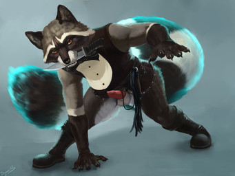 anthro armor athletic balls clothed clothing dagger erection fluffy fluffy_tail fur genitals knife leather magic male melee_weapon muscular penis pirate simple_background smile solo tail weapon whip white_body white_fur dimonis mammal procyonid raccoon 2021 4:3 hi_res signature watermark