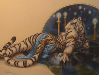 anthro bottomwear breasts butt candle claws clothed clothing crotch_apron female harem harem_outfit jewelry loincloth looking_at_viewer medium_breasts orb pose realistic skimpy solo stripes tail translucent translucent_clothing teiirka felid mammal pantherine tiger pinup traditional_media_(artwork)