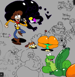 3_fingers ambiguous_gender anthro balls balls_outline big_balls big_butt big_penis black_body black_ears black_eyes black_fur black_skin black_tail bodily_fluids bottom_heavy brown_hair bulge butt claws clothed clothing cowboy cum curvy_figure darkened_balls darkened_genitalia darkened_penis detailed_bulge erection fingers floating_tail frown fully_clothed fur genital_fluids genital_outline genital_raphe genitals glans glistening glistening_balls glistening_butt glistening_genitalia glistening_glans glistening_hair glistening_penis green_balls green_body green_claws green_clothing green_glans green_penis green_skin green_thong green_underwear grey_background group hair hat headgear headwear heterochromia huge_balls huge_butt huge_penis humanoid_genitalia humanoid_penis hyper hyper_balls hyper_butt hyper_genitalia hyper_penis leaking_cum light_body light_skin male monotone_body monotone_skin multicolored_body multicolored_skin navel nude open_frown open_mouth open_smile pear-shaped_figure penis pink_sclera pose presenting presenting_hindquarters pupils raphe_(anatomy) red_tongue scrotal_raphe sex simple_background slim_human slit_pupils smile spring tail text thick_thighs thong tongue underwear white_sclera wide_hips x_navel yellow_sclera superiorfox deltarune disney pixar toy_story undertale_(series) bullseye_(toy_story) buzz_lightyear friend_(deltarune) rex_(toy_story) sheriff_woody_pride slinky_dog_(toy_story) animate_inanimate canid canine canis dinosaur domestic_cat domestic_dog equid equine felid feline felis human living_toy mammal prehistoric_species reptile saurischian scalie theropod tyrannosaurid tyrannosauroid tyrannosaurus tyrannosaurus_rex 2026 colored digital_drawing_(artwork) digital_media_(artwork) drawpile_(artwork) english_text flat_colors multiple_images multiple_scenes shaded simple_shading sketch
