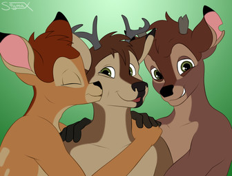 5_fingers alternate_form anthro anthrofied antlers athletic athletic_male biceps black_body black_ears black_face black_fur black_markings black_nose brown_body brown_ears brown_face brown_fur brown_hair brown_markings casual_nudity closed_smile countershade_ears countershade_face countershade_torso countershading dipstick_ears ear_markings eye_markings eyelashes eyes_closed facial_markings fingers fluffy fluffy_hair front_view fur fur_markings glistening glistening_eyes gradient_background green_background green_eyes grey_antlers grin group hair half-closed_eyes happy head_markings horn hug kissing kissing_cheek looking_at_viewer male male/male markings messy_hair mouth_closed multicolored_body multicolored_ears multicolored_face multicolored_fur multicolored_markings muzzle_(marking) narrowed_eyes notched_ear nude open_mouth open_smile pecs pink_ears pointy_ears pose prick_ears pupils short_hair simple_background slim smile snout snout_markings social_nudity spots spotted_back spotted_body spotted_fur tan_body tan_countershading tan_ears tan_face tan_fur tan_markings tan_spots teeth toony two_tone_markings sigma_x bambi_(film) disney bambi ronno sigma_x_(character) deer mammal mule_deer new_world_deer 2011 bust_portrait digital_media_(artwork) icon portrait signature