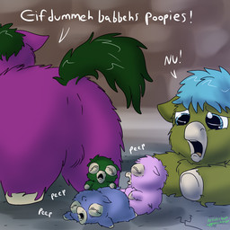abuse ambiguous_feral ambiguous_gender animal_noises anus blue_eyes blue_hair child_abuse dialogue eyes_closed feral fur green_body green_fur green_hair green_tail group hair hooves imminent_feces imminent_pooping lying neonate on_front open_mouth pink_body pink_fur purple_body purple_fur quadruped tail text young young_ambiguous young_feral anonymous_artist fluffy_pony fluffy_pony_(species) mammal 1:1 digital_media_(artwork) english_text shaded