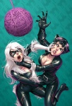 abstract_background ball_of_yarn belt big_breasts black_cat_(marvel) black_hair blood blue_eyes bodily_fluids boots breasts cat_costume catfight catwoman claws clothing costume dc_comics domestic_cat domino_mask duo eyewear felicia_hardy felid feline felis female fight footwear gloves goggles hair handwear mammal marvel mask open_mouth quirkilicious scratches selina_kyle_(character) simple_background white_hair yarn