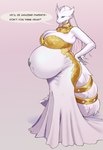 anthro anthrofied belly big_belly big_breasts blue_eyes breasts cleavage clothed clothing dialogue dress female fur hair huge_breasts long_hair looking_at_viewer neck_ring pokemorph pregnant pregnant_anthro pregnant_female speech_bubble term_of_endearment text white_body white_fur white_hair odisia nintendo pokemon generation_5_pokemon legendary_pokemon pokemon_(species) reshiram english_text hi_res