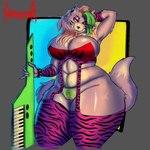 anthro big_breasts breasts clothing curvy_figure ear_piercing female fur genitals green_hair hair hand_behind_back keyboard_instrument legwear lingerie looking_at_viewer musical_instrument nude piercing pubes pussy ring_piercing simple_background solo tail thick_thighs tongue tongue_out voluptuous corpse_eater five_nights_at_freddy's five_nights_at_freddy's:_security_breach scottgames steel_wool_studios roxanne_wolf canid canine canis mammal wolf 1:1 absurd_res digital_media_(artwork) hi_res