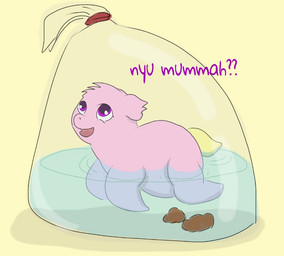 ambiguous_feral ambiguous_gender baby_talk dialogue feces feral happy looking_up open_mouth partially_submerged pink_body pink_eyes plastic_bag side_view simple_background smile solo tail talking_to_another text water yellow_background yellow_tail young young_ambiguous young_feral carpdime fluffy_pony fluffy_pony_(species) mammal seafluff digital_media_(artwork) english_text shaded