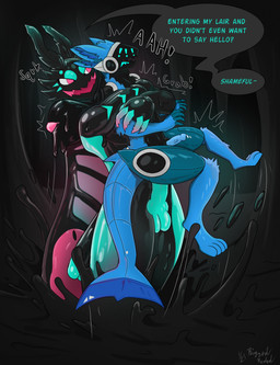 ambush anal anal_penetration big_penis captured corruption dialogue drone dronification erection evil_grin exclamation_point forced genitals hive hug lair latex liquid_latex machine male male/male penetration penis smile surprised text toy transformation riggedreded nokrull_(riggedreded) arthropod avian bird goo_creature insect lepidopteran moth protogen 2025 english_text hi_res