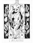 anthro breasts card card_template female fortune_telling fur leaf major_arcana montgomery_glands moon nipples papaya_(fruit) roman_numeral solo tarot tarot_card text the_empress_(tarot) white_body daisypinkpaws felid mammal reptile scalie snake french_text hi_res monochrome pen_(artwork) traditional_media_(artwork)