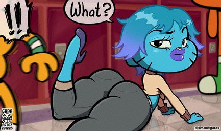 big_butt butt clothing footwear high_heels lips lying male on_front shoes speech_bubble thick_lips thick_thighs wide_hips garabatoz cartoon_network the_amazing_world_of_gumball darwin_watterson gumball_watterson tobias_wilson domestic_cat felid feline felis mammal hi_res