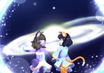 ability black_hair clothing cosmic dress duo female female/female galaxy hair planet planet_exadia portal portal_particles robe short_tail space tail plushcrochet cassiopeia_zephyrine molly_katze felid humanoid mammal pantherine space_badger tiger absurd_res hi_res