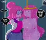 adventure_time big_breasts breast_squish breasts bubble_gum candy_people_(at) cartoon_network clothing crown duo english_text eyewear female female/female food food_creature food_hair genitals glasses glistening glistening_body glistening_clothing headgear hi_res humanoid machine nipples not_furry nude princess_bubblegum pseudo_hair pussy robot somescrub speech_bubble squish text
