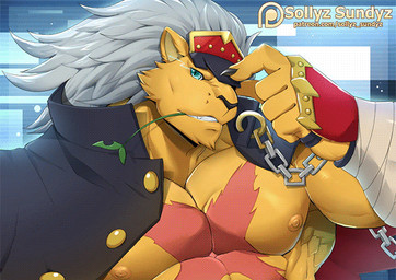 anthro blue_eyes blush chain cloak clothing hair looking_at_viewer male muscular muscular_anthro muscular_male nipples scar solo white_hair sollyz bandai_namco digimon patreon bancholeomon digimon_(species) 2017 2d_animation animated motion_tweening