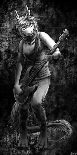 3_toes 5_fingers anthro bass_guitar bottomwear claws clothed clothing digitigrade feet female fingers fully_clothed guitar hair horn musical_instrument pants playing_guitar playing_music plucked_string_instrument shirt simple_background smile solo standing string_instrument tail tail_tuft tank_top toes topwear tuft whiskers conditional_dnp ratte asian_mythology east_asian_mythology mythology heart_a._chicago dragon eastern_dragon mythological_creature mythological_scalie scalie 1:2 2018 digital_media_(artwork) hi_res monochrome signature