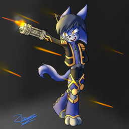 3_toes amber_eyes anthro belt blue_body blue_hair blue_tail boots bullet clothing electronics feet footwear gatling_gun gun gun_arm hair hand_behind_back headgear headphones headset jacket legwear machine_gun male minigun pointy_ears ranged_weapon shoes shooting simple_background solo tail toes topwear weapon weapon_arm zboys captain_skylar_(bonjolasermaster) canid canine canis jackal mammal 1:1 hi_res signature