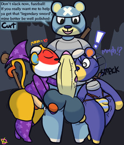 anthro armor ball_fondling balls big_balls big_penis bottomless bulge clothed clothing curvy_figure ejaculation erection erection_under_clothing femboy fondling genitals group hand_on_head hourglass_figure kissing male male/male oral penis penis_kissing questionable_consent size_difference skimpy submissive submissive_male surprised text thick_thighs tongue tongue_out trio unconvincing_armor wide_hips klutzatdusk animal_crossing nintendo curt_(animal_crossing) poncho_(animal_crossing) simon_(animal_crossing) bear haplorhine mammal monkey primate english_text
