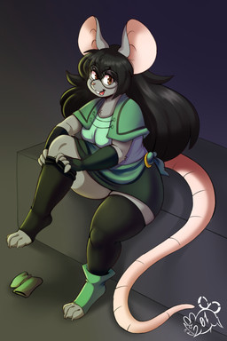 anthro black_bottomwear black_clothing black_skirt bottomwear breasts brown_eyes buckteeth clothing eyewear female fur glasses green_clothing grey_body grey_fur legwear looking_at_viewer round_glasses sitting skirt smile solo stockings tail teeth meganemausu jason_markova mammal mouse murid murine rodent 2018 2:3 digital_media_(artwork) hi_res