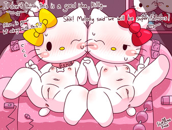 anthro anus blush bodily_fluids bow_(feature) butt female flat_chested genitals gesture hand_gesture nipples nude sweat tail v_sign vulva young young_female surjang hello_kitty_(series) sanrio hello_kitty_(character) domestic_cat felid feline felis mammal 2026 hi_res