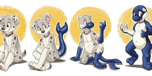 anthro blep blue_body brown_eyes closed_smile collar facial_spots featureless_crotch floppy_ears fur glistening glistening_eyes grey_body grey_fur logo male male_anthro mouth_closed nude open_mouth pawpads pink_pawpads pink_tongue red_collar sitting smile solo species_transformation spotted_arms spotted_ears spotted_face spotted_legs standing tongue tongue_out transformation white_body white_fur young young_anthro young_male pandapaco canid canine canis cetacean dolphin domestic_dog mammal marine oceanic_dolphin orca toothed_whale artist_logo hi_res signature