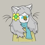 accessory anthro blue_eyes blue_scarf cent_sign clothing currency_symbol female flower flower_in_hair fur grey_hair hair hair_accessory plant scarf solo sticker sweater symbol topwear whiskers white_body white_fur yellow_clothing yellow_sweater yellow_topwear ashblondekittyy yuna_(ashblondekitty) domestic_cat felid feline felis mammal 1:1 trans_(lore) trans_woman_(lore)