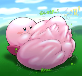 abdominal_bulge belly big_belly digestion digestion_noises duo grass huge_belly male motion_lines oral_vore plant rumbling_stomach sitting sound_effects struggling struggling_prey text vore tepigfan101 kirby_(series) nintendo kirby alien waddling_head 2025 absurd_res digital_media_(artwork) hi_res shaded soft_shading
