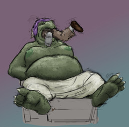 ambiguous_gender anthro belly bottomwear breasts claws clothed clothing duo eyes_closed feet female female/ambiguous footwear furniture gradient_background green_body green_skin hair head_first horn nipples one_shoe_on open_mouth oral_vore overweight pants purple_hair shoes simple_background sitting socks sofa topless vore jeri_kleinlowe mythology miranda_arqayla ambiguous_species dragon mythological_creature mythological_scalie scalie 2024 colored guide_lines hi_res