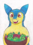 ambiguous_gender anthro blue_body blue_fur bowl container food fruit fur holding_object lum_berry plant pokemon_berry razz_berry smile solo yellow_body yellow_fur vulnec 2024_pokemon_gigaleak nintendo pokemon generation_2_pokemon pokemon_(species) typhlosion colored_pencil_(artwork) hi_res traditional_media_(artwork)