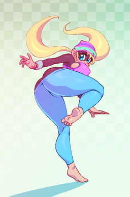 4_toes 5_fingers action_pose anthro barefoot big_breasts blonde_hair blue_eyes bottomwear breasts butt butt_cleavage butt_pose clothing feet female fingers hair humanoid_feet humanoid_hands looking_at_viewer looking_back looking_back_at_viewer on_one_leg pants plantigrade pose side_boob soles solo spread_toes standing toes nitro donkey_kong_(series) nintendo tiny_kong haplorhine kong mammal monkey primate