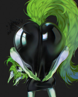 5_fingers anthro bent_over big_butt black_eyeshadow black_nose butt clothing dress ear_piercing ear_ring eyelashes eyeshadow female fingers glistening glistening_clothing green_eyes green_hair green_tail hair latex latex_clothing latex_dress long_eyelashes long_hair looking_at_viewer looking_back makeup piercing rear_view ring_piercing solo tail text wide_hips sugarmartens praise_da_booty_(meme) felid feline mammal 2026 artist_name hi_res