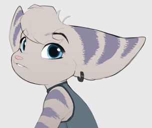 anthro big_ears blue_eyes blue_stripes clothing ear_piercing ear_ring female grey_body grey_clothing head_tuft lips looking_at_viewer piercing pink_lips pink_nose ring_piercing smile snout solo striped_arms striped_body striped_ears stripes teeth tuft snaccka ratchet_and_clank sony_corporation sony_interactive_entertainment rivet_(ratchet_and_clank) lombax mammal bust_portrait portrait