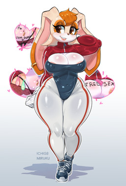 anthro areola areola_slip big_breasts blush body_writing bottomwear breasts clothed clothing condom condom_decoration ear_piercing eyelashes female filled_condom floppy_ears footwear fully_clothed gloves hair handwear huge_ears leotard long_ears looking_aside markings mature_female mole_(marking) navel navel_piercing nipple_outline orange_eyes orange_hair pants piercing sexual_barrier_device shoes short_hair simple_background smile sneakers solo text thick_thighs thong tight_bottomwear tight_clothing tight_pants underwear unused_condom white_background wide_hips wrapped_condom ichig8miruku sega sonic_the_hedgehog_(series) vanilla_the_rabbit lagomorph leporid mammal rabbit 2026 absurd_res artist_name hi_res
