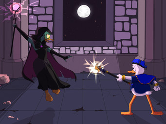 anthro avian_feet barefoot beak black_clothing black_hair blue_clothing cape castle clothed clothing cuff_(restraint) dress duo feathers feet female fight fingerless_gloves gloves green_body green_feathers hair handwear headgear headwear magic magic_staff magic_user male membrane_(anatomy) moon night open_mouth orange_feet restraints ruins sky staff star starry_sky toes webbed_feet white_body white_feathers wrist_cuffs yellow_eyes anonymous_artist disney ducktales ducktales_(2017) kingdom_hearts square_enix donald_duck magica_de_spell anatid anseriform avian bird duck 4:3 hi_res source_request