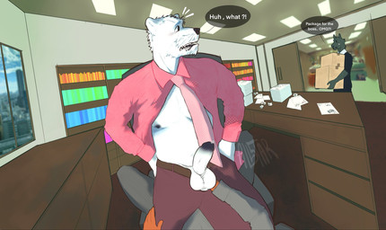 andromorph anthro bodily_fluids business_suit caught caught_in_the_act caught_off_guard chair clothing drooling duo ex: exhibitionism furniture genitals group intersex licking licking_lips male male/male necktie office office_chair office_clothing overweight overweight_anthro penis pink_clothing pink_necktie pink_shirt pink_topwear public public_sex saliva sex shirt suit tongue tongue_out topwear trio allstar1149603 asinus bear donkey equid equine mammal polar_bear ursine hi_res