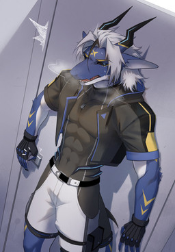 2_horns abs anthro belt big_muscles biped black_belt black_clothing black_jacket black_sclera black_shirt black_topwear blue_body blue_eyes blue_scales bodily_fluids bottomwear clothing fingerless_gloves gloves hair handwear horn jacket looking_at_viewer male muscular muscular_anthro muscular_male pecs scales shirt shorts skin_fang skin_fangs solo sweat sweatdrop tight_clothing topwear white_body white_bottomwear white_clothing white_hair white_scales white_shorts cyanusowo mythology ausen dragon mythological_creature mythological_scalie scalie 2024 hi_res