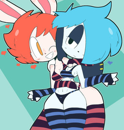 anthro armwear black_eyes black_eyeshadow blue_hair blush blush_lines breasts cleavage clothed clothing duo elbow_gloves eyeshadow female fingerless_gloves freckled_ears freckled_face freckled_legs freckled_shoulders freckled_thighs freckles fur gloves green_background hair handwear heart_symbol hug hugging_another hugging_from_behind makeup matching_clothing matching_outfits matching_underwear medium_breasts navel one_eye_closed one_eye_obstructed orange_hair piercing side_boob simple_background small_breasts smile thick_thighs underwear white_body white_fur wide_hips yellow_eyes usagibun1 bosho_(usagibun1) rylee_(usagibun1) lagomorph leporid mammal rabbit 2024 digital_media_(artwork) hi_res