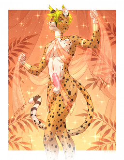 anthro balls belly clothing collar erection femboy fur genitals green_eyes green_hair hair harem harem_boy harem_clothing harem_outfit jewelry male markings nails nude penis pink_penis solo spots spotted_body spotted_fur tail translucent translucent_clothing white_balls white_belly blyadskiisychic yupixit cheetah felid feline mammal hi_res