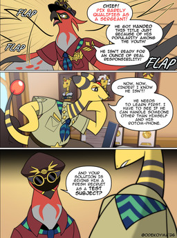ambiguous_gender anthro aviator_cap aviator_goggles badge beak dialogue duo flapping_wings hand_on_chin harmony_scarf medal open_beak open_mouth portrait_(object) speech_bubble text wings odeko-yma nintendo pokemon pokemon_mystery_dungeon spike_chunsoft captain_cinder_(odeko-yma) ampharos generation_2_pokemon generation_6_pokemon pokemon_(species) talonflame 2026 absurd_res comic digital_media_(artwork) english_text hi_res signature