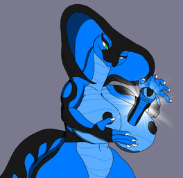 anthro big_breasts black_markings blue_body breasts female fingers genitals looking_at_viewer markings nipples non-mammal_breasts nude penetrable_sex_toy scales sex_toy simple_background smile snake_hood solo tail thick_thighs alessandrasnek alessandra_dragon cobra elapid_(snake) king_cobra reptile scalie snake absurd_res digital_media_(artwork) hi_res