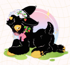 ambiguous_gender black_body black_fur cloven_hooves feral fur headdress hooves horizontal_pupils horn pupils scut_tail short_tail solo star_eyes tail takoya_de bovid caprine goat mammal hi_res