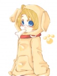 blonde_hair blue_eyes bone clothing collar costume dog_costume dog_suit eyewear female fursuit glasses hair not_furry not_furry_wearing_fursuit simple_background solo white_background young unknown_artist human mammal 3:4 grandfathered_content